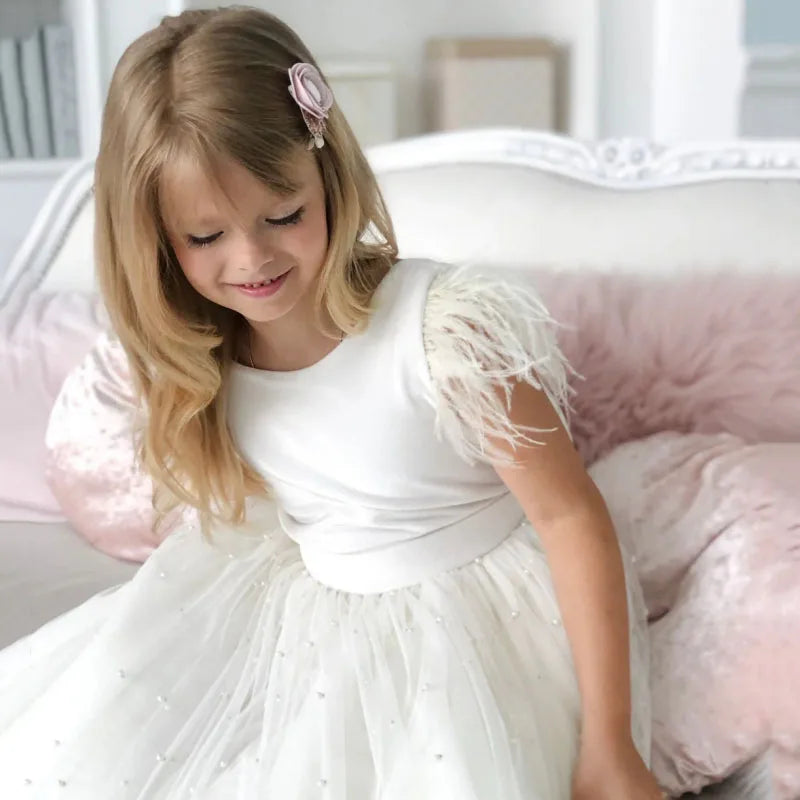 A-Line Feathers Sleeve Backless First Communion Dress For Girls
