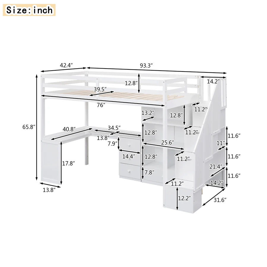 With an L-shaped Desk and a Storage Staircase, The Twin Size Loft Bed childrensterritory