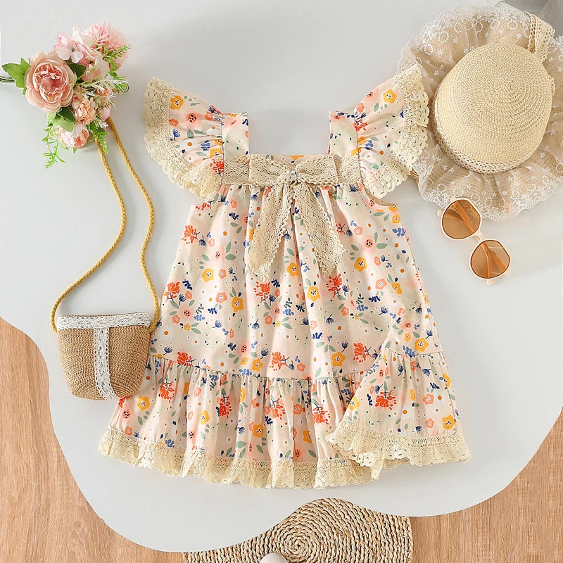 Kids Girls Floral Print Lace Patchwork Summer Princess Dress