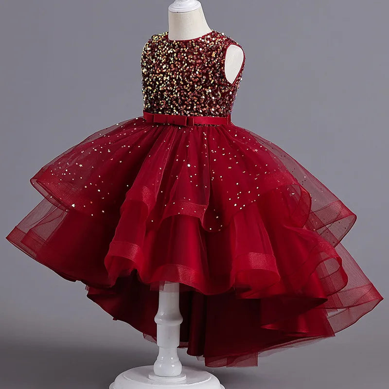 Kids Girls Sequins Design Fluffy Princess Party Trailing Dresses