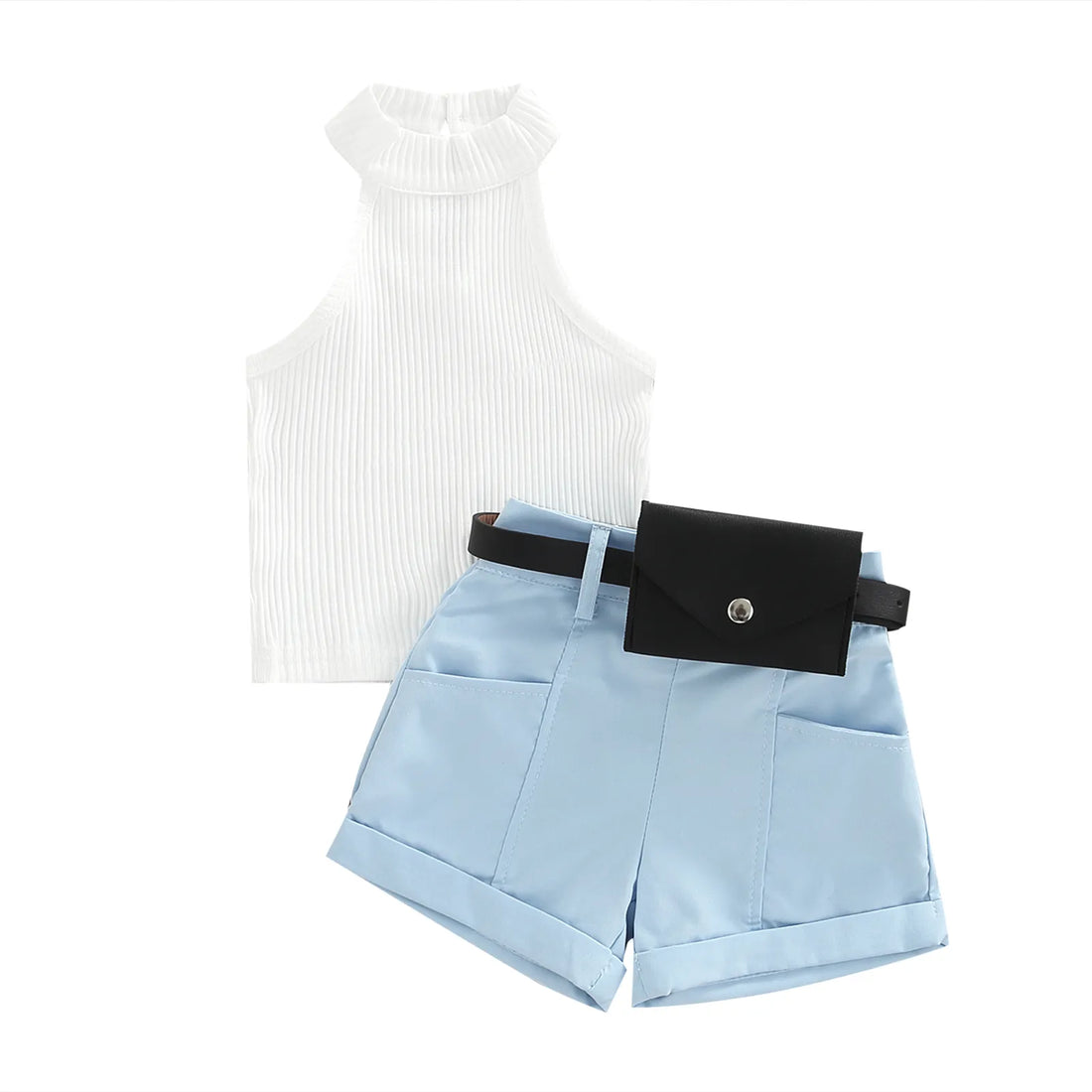 Little Girl Three-Piece Sleeveless Top + Belted Short Pants Outfit childrensterritory