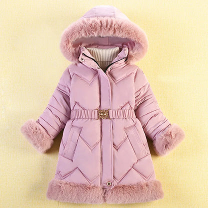 Kids Girls Warm Fur Hooded Long Coat/Jacket