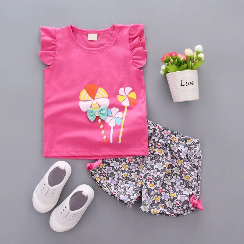 2PCS Baby Girl Summer Outfit: Floral Shorts + Windmill Printed Top childrensterritory