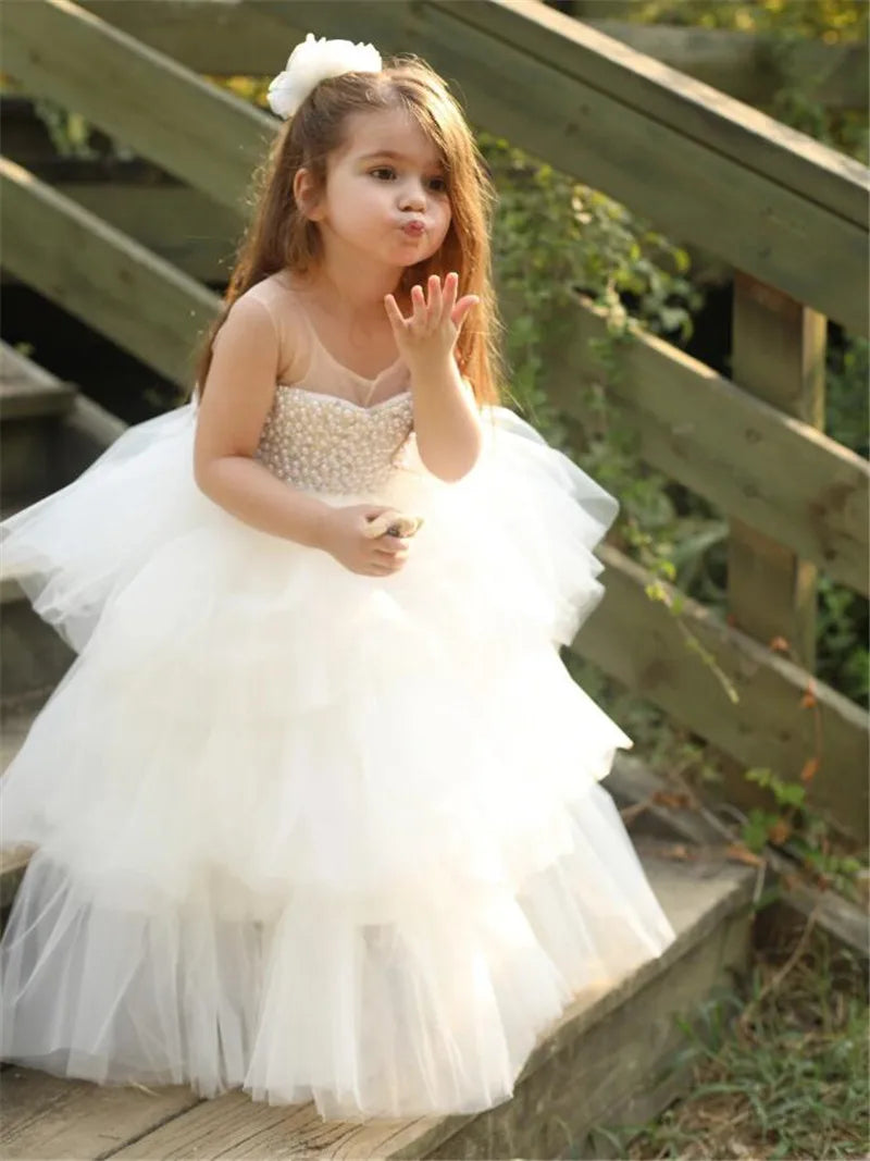White Puffy Sheer Neck Glitter Pearls Beading Kids Pageant Gowns childrensterritory