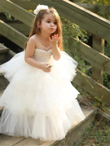 White Puffy Sheer Neck Glitter Pearls Beading Kids Pageant Gowns childrensterritory