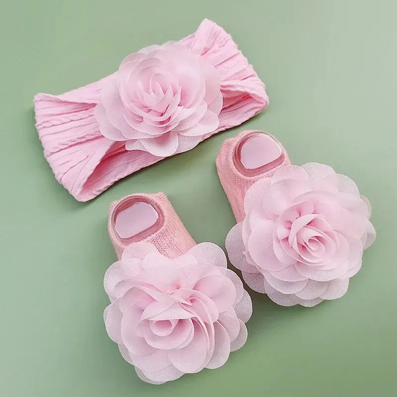 Non Slip Lace Flower Design Baby Socks+ Headbands Set