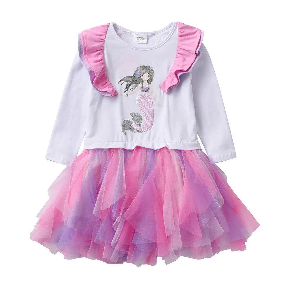 Cartoon Print Long Sleeve Girls Sequined Princess Dresses childrensterritory