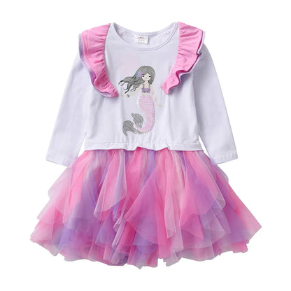 Cartoon Print Long Sleeve Girls Sequined Princess Dresses childrensterritory