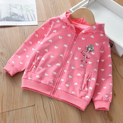 Little Girls Cute Cartoon Heart Print Soft Autumn Hooded Jackets childrensterritory