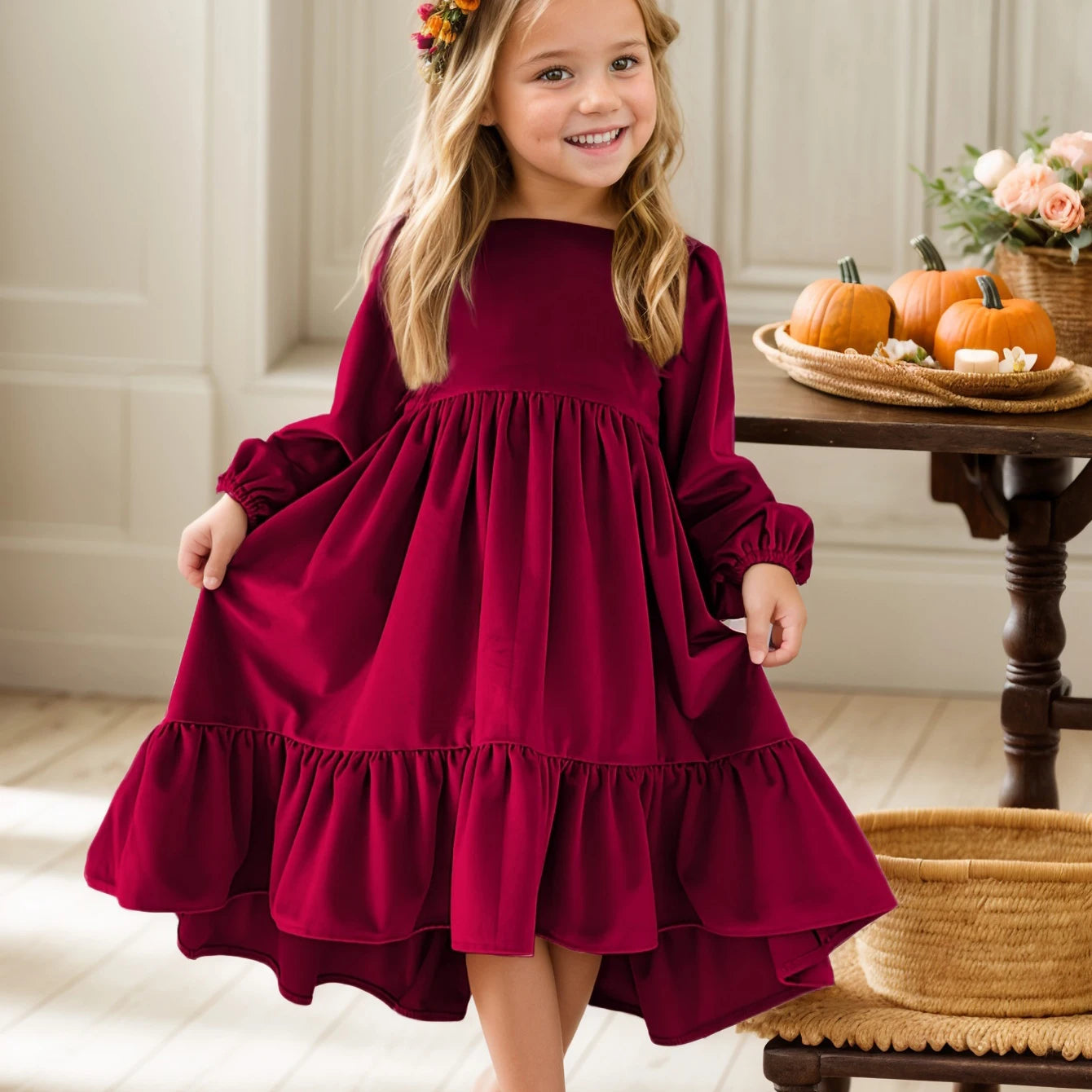 Kids Girls Velvet Long Sleeve Ruffle Hem Party Dresses