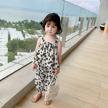 Kids Girls Flower Suspender Top+ Nine-Point Pants Outfit Set childrensterritory