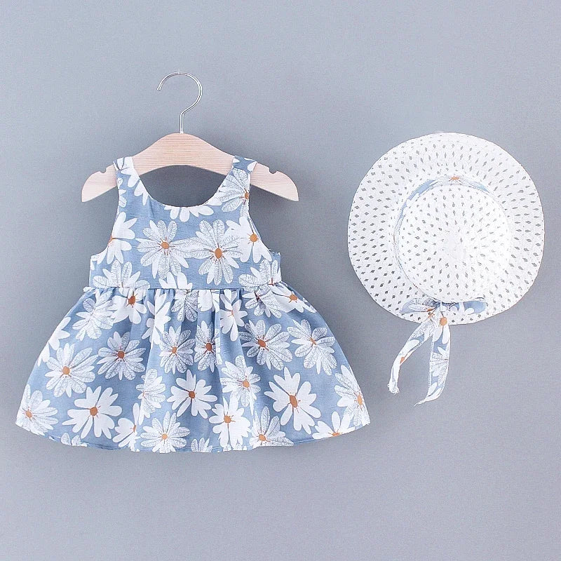 Sleeveless Bow Design Printed Summer Dresses For Girls