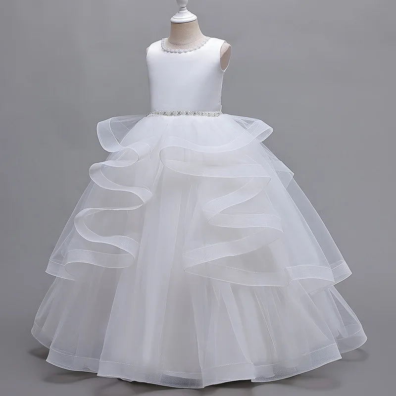 Girls' Solid Color Long Puff Evening Party Dresses