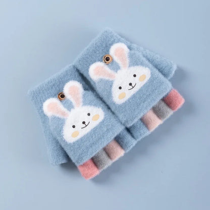 Cartoon Bunny Warm Half Finger Flip Gloves for Kids