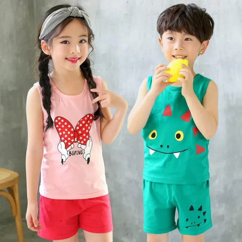 Kid Boy Girl Cartoon Design Sleeveless Cotton Vest and Pajamas Sets childrensterritory