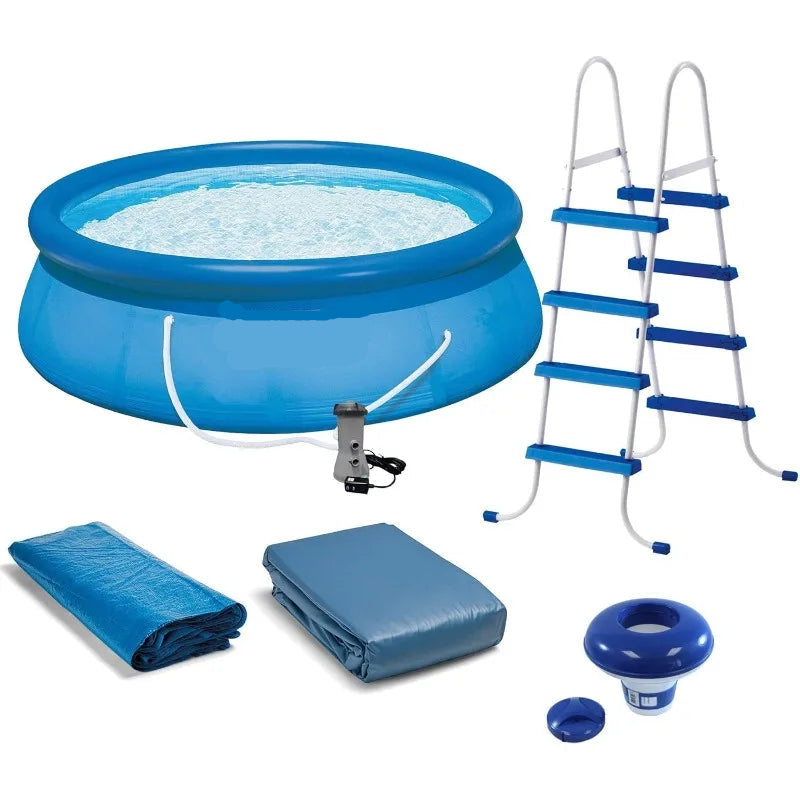 Inflatable Easy Set-Up Round Swimming Pool Set with Cover, Ladder