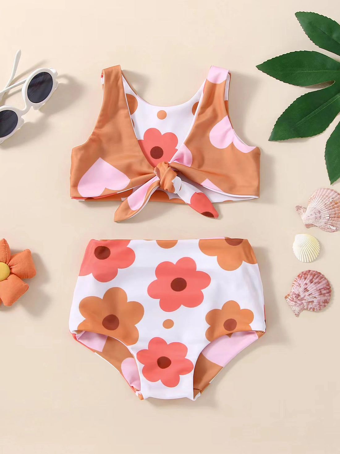 Floral &amp; Heart Print Baby Girl 2Pcs Swimsuit Set
