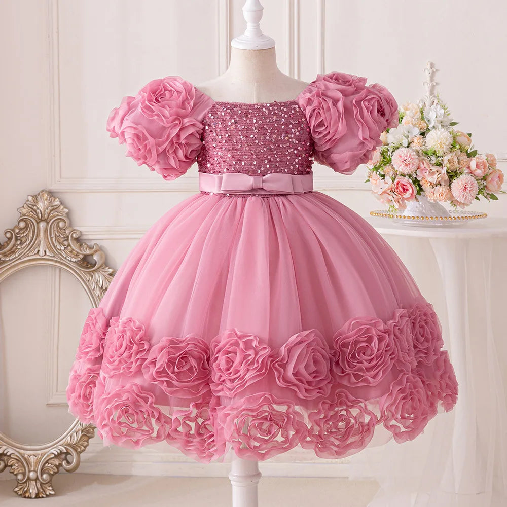 Flower Lace Design Sequins Ball Gown Party Dresses For Girls childrensterritory