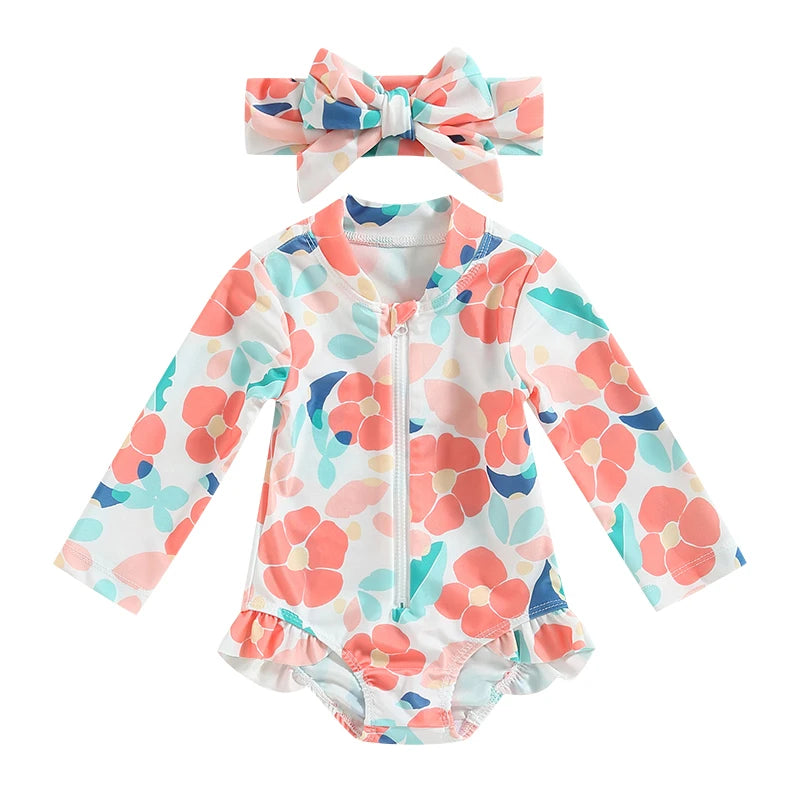 Floral Print Zipper Long Sleeve Baby Girls Swimsuit &amp; Headband