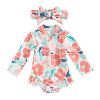 Floral Print Zipper Long Sleeve Baby Girls Swimsuit &amp; Headband