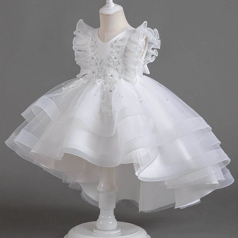 Lace Flower Embroidery Fluffy Mesh Trailing Girls Party Dresses childrensterritory