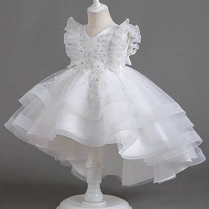 Lace Flower Embroidery Fluffy Mesh Trailing Girls Party Dresses childrensterritory