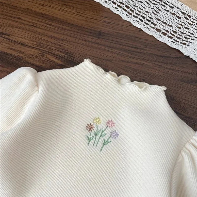 Girls' Long-Sleeved Flower Embroidery Design Winter Sweater