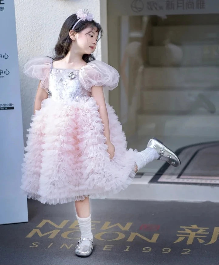 Little Girls Pink Tulle Tiered Gown for Birthday, Wedding, Baptism
