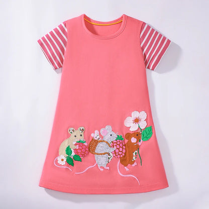Cartoon Mouse and Floral Embroidered Summer Dress for Girls childrensterritory