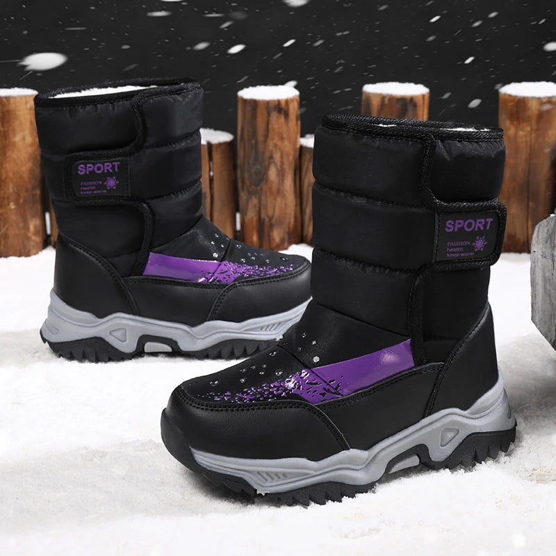 Kids Girls Boys Warm Anti-Slip Leather Snow Boots