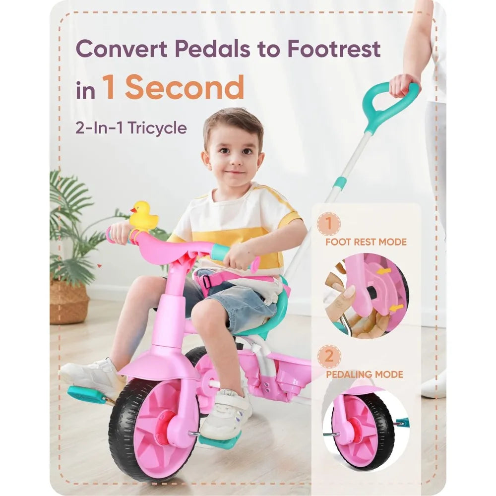 2 in 1 Kids Tricycles with Push Handle and Duck Bell childrensterritory