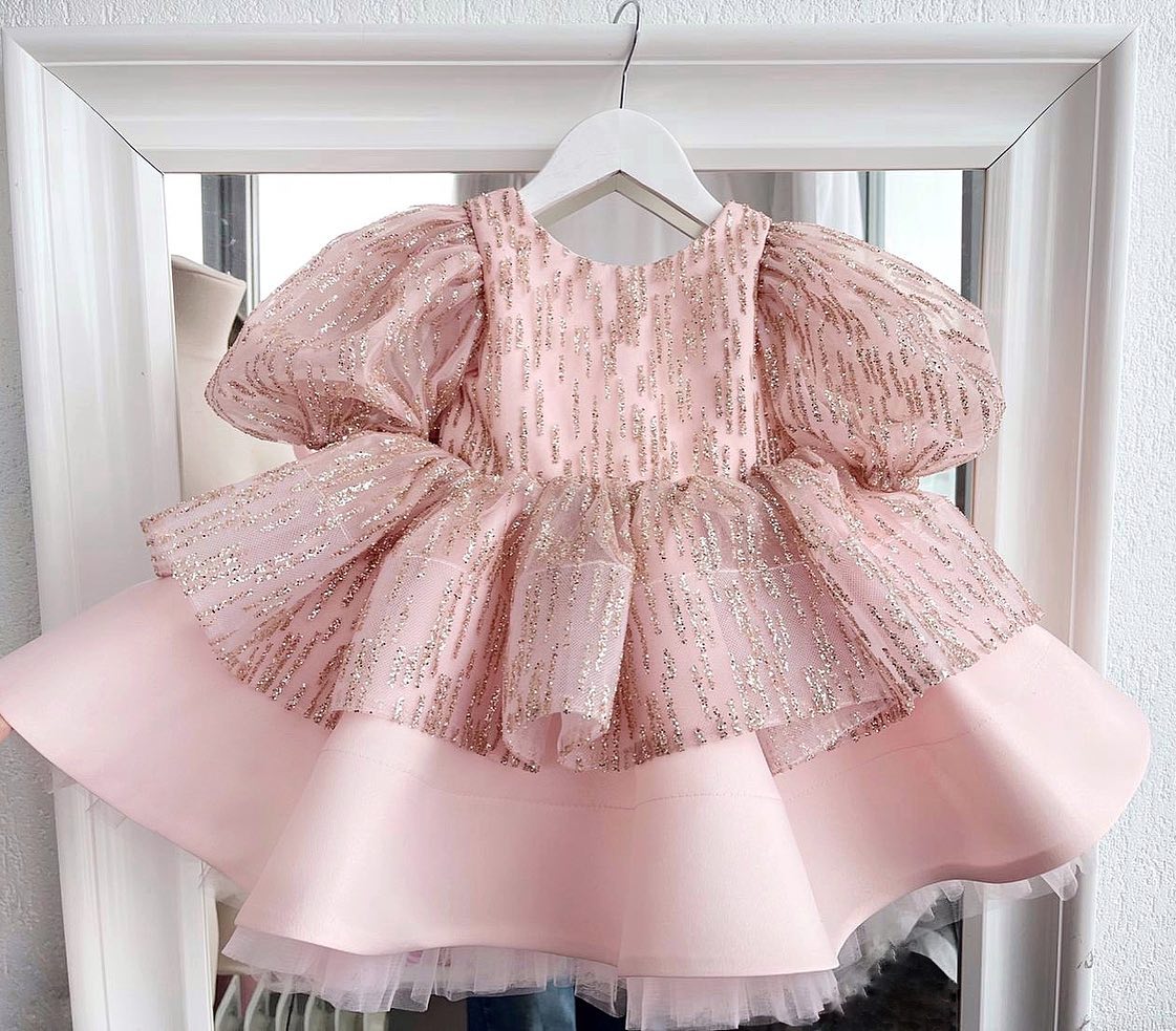 Handmade Baby/Kid Girl Puffy Sleeves Pink Princess Dress childrensterritory