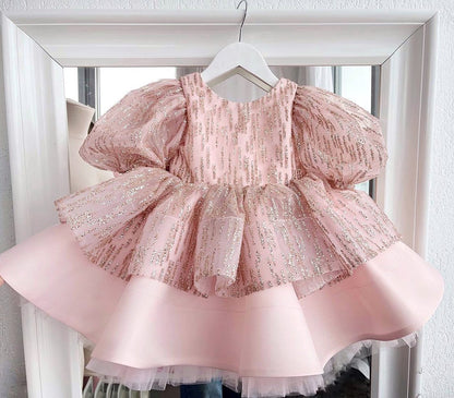 Handmade Baby/Kid Girl Puffy Sleeves Pink Princess Dress childrensterritory