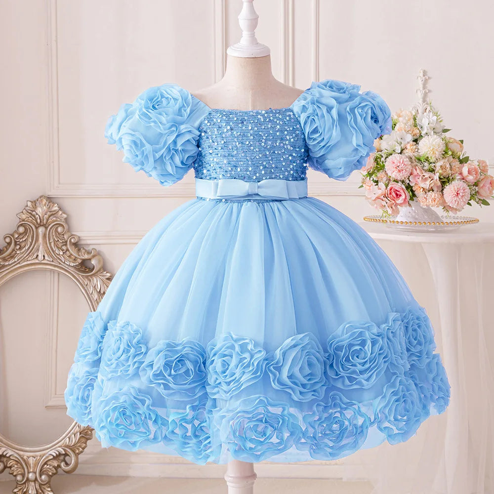 Flower Lace Design Sequins Ball Gown Party Dresses For Girls childrensterritory