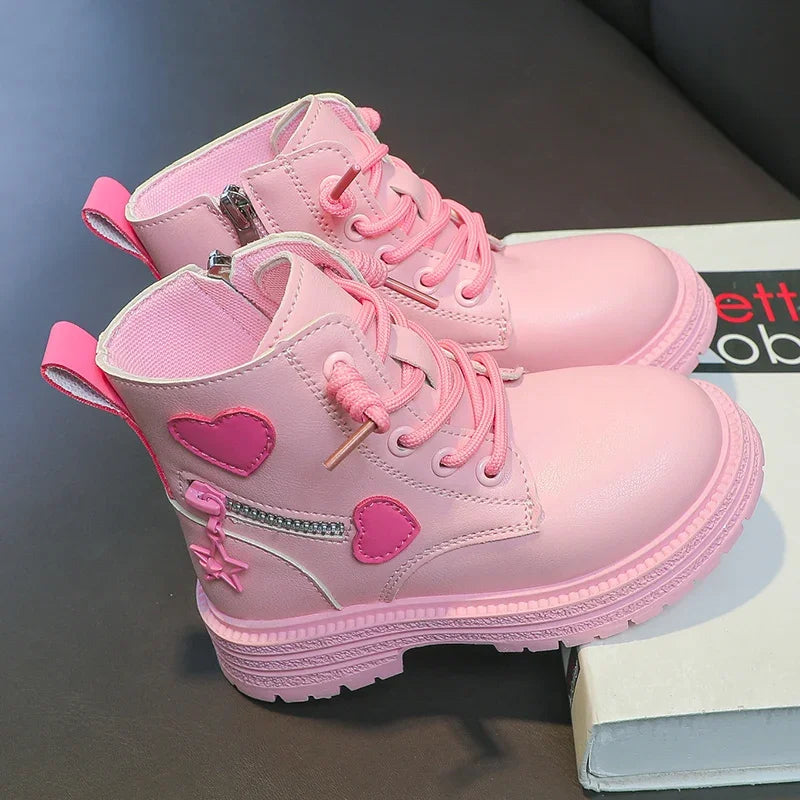Heart Design Kids Girls British PU Ankle Boots