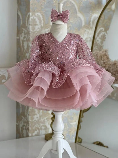 Puffy Glitter Sequined Flower Girl Dress with Detachable Train
