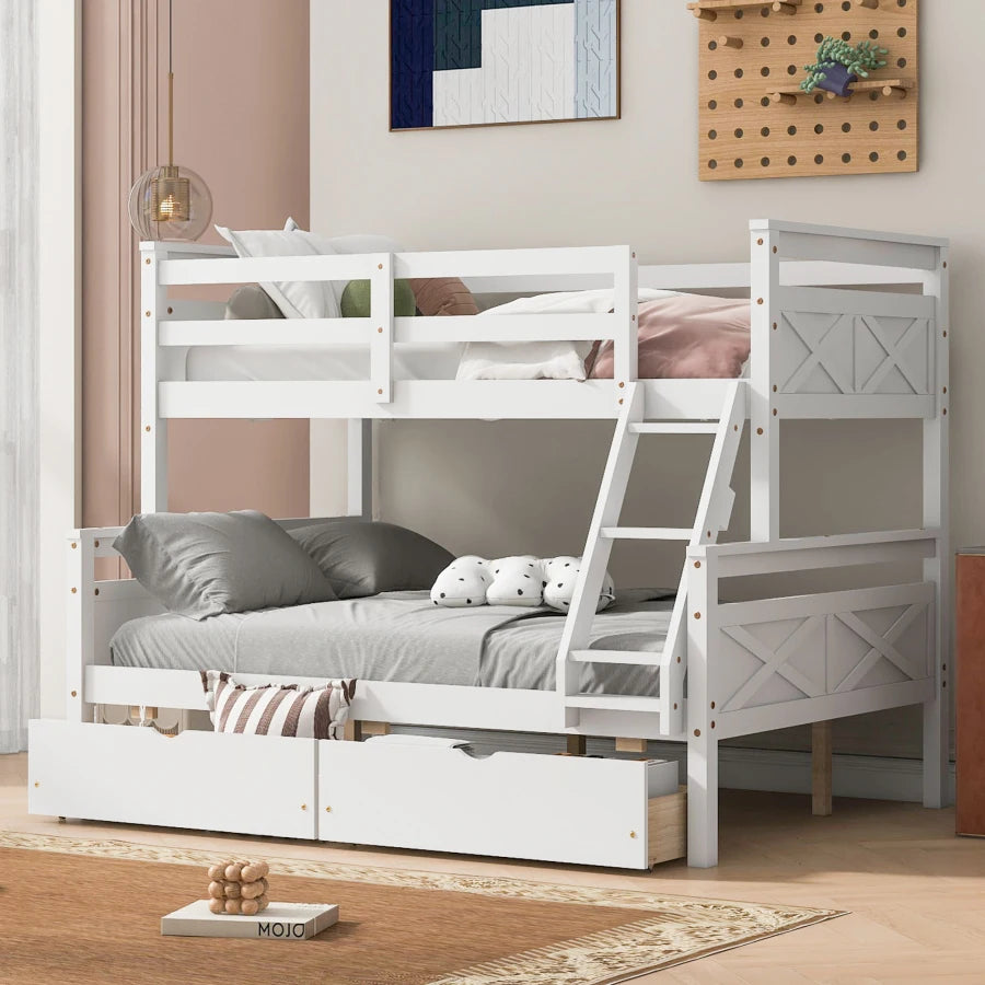 A Twin Over Bunk Bed Featuring Storage Drawers and Ladders
