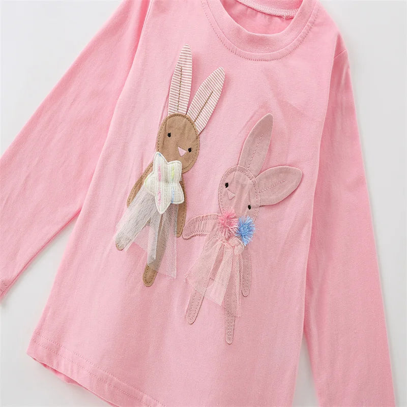 Bunny Applique Design Long Sleeve Girls T Shirts