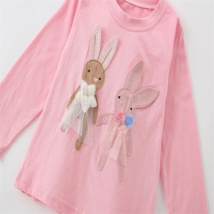 Bunny Applique Design Long Sleeve Girls T Shirts childrensterritory