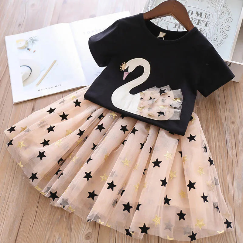 Kids Girls Swan T-Shirt + Sequin Skirts 2Pcs Outfit Set