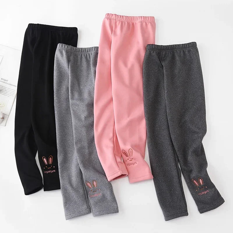 Little Girls Thick Warm Rabbit Print Solid Trousers childrensterritory