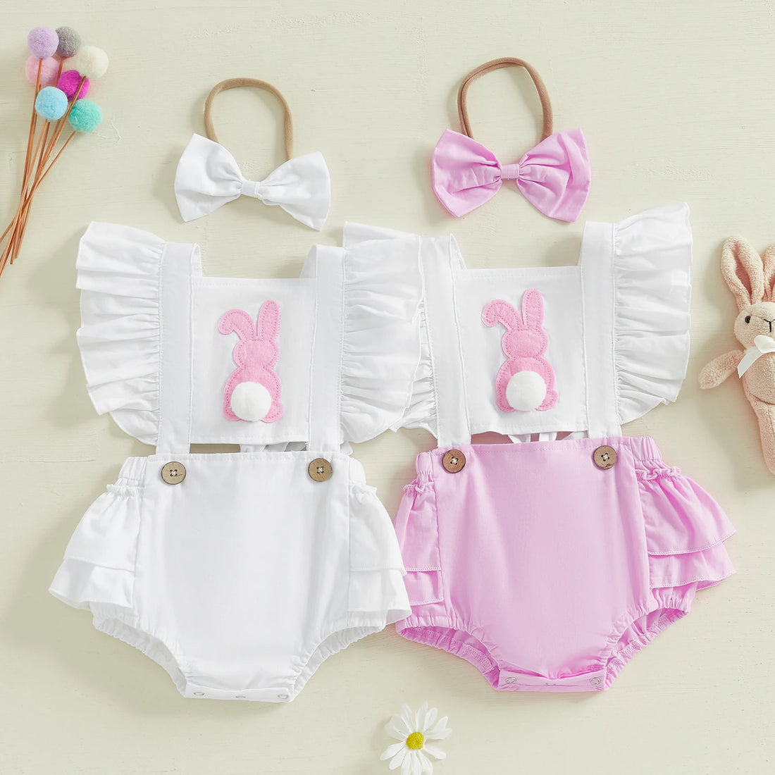 Bunny Embroidered Easter Outfit Set for Baby Girls, 2 Pieces