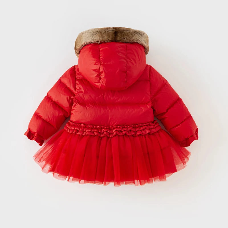 Kids Girls Red Fur Collar Warm Hooded Princess Outerwear childrensterritory