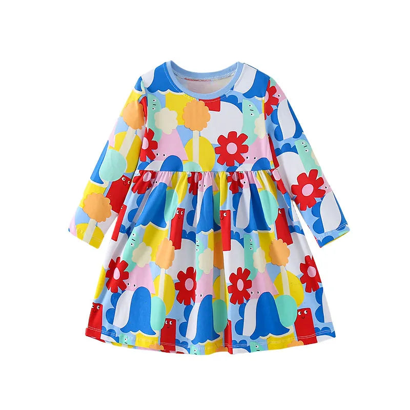Kids Girls Cartoon Print Long Sleeve Winter Party Dresses childrensterritory