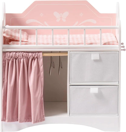 Kids Girls Wooden Pink Doll Bed with Storage and Hooks