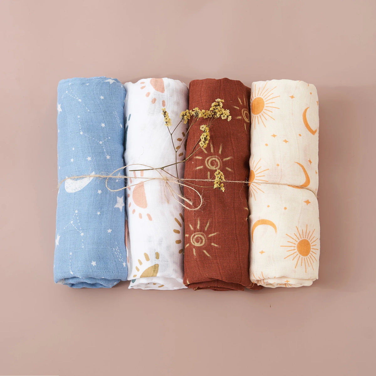 Print Bamboo Cotton Muslin Baby Swaddle, 4PCS Gift Set