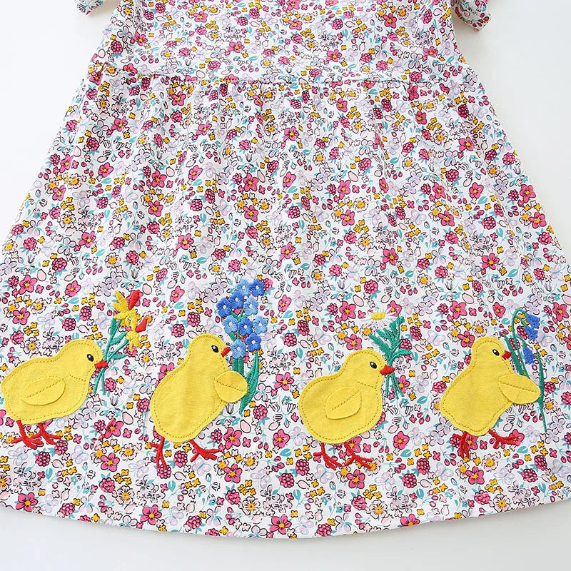 Floral and Cartoon Duck-Embroidered Little Girls&