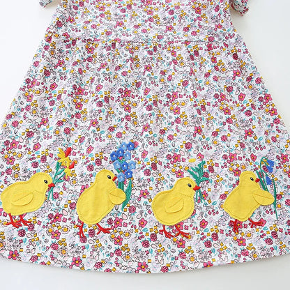 Floral and Cartoon Duck-Embroidered Little Girls&