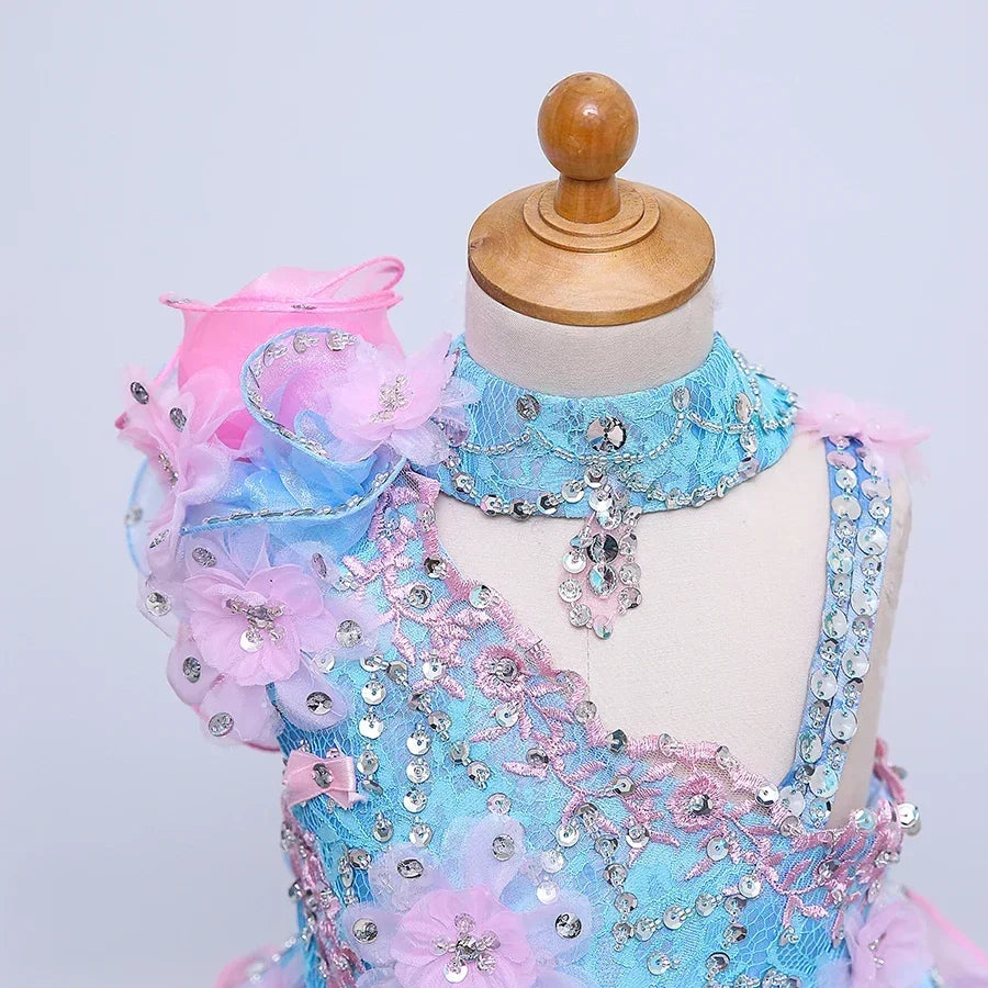 Kids Girls Beading Stones Ruffles Halter Party Dress