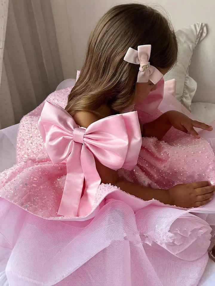 Baby/Kid Girls Light Pink Sparkly First Birthday Dress With Pearls
